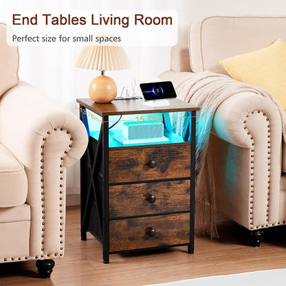 AMHANCIBLE Night Stand Set 2, LED Nightstand with Charging Station, End Side Tables with USB Port & Outlet, Bedside Tables with Fabric Drawers for Bedroom Living Room, Rustic Brown HET053LBR