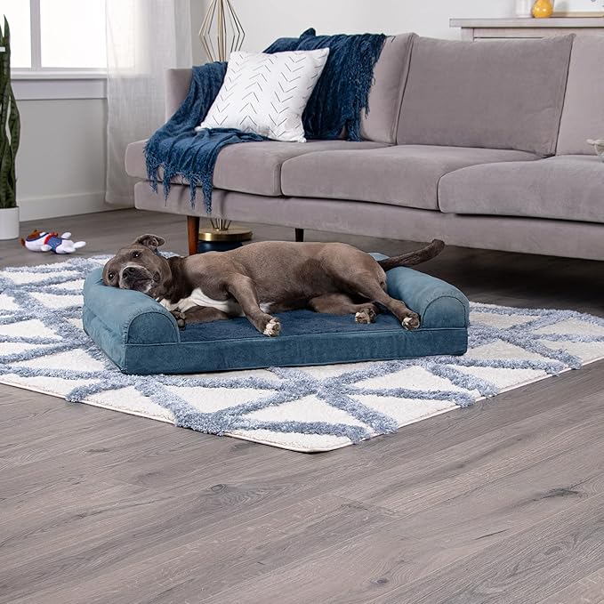 Furhaven Orthopedic Dog Bed for Large/Medium Dogs w/ Removable Bolsters & Washable Cover, For Dogs Up to 55 lbs - Faux Fur & Velvet Sofa - Harbor Blue, Large-Mewly Pet