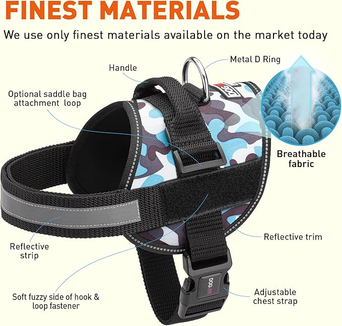 Dogline Dog Harness, Reflective No-Pull Adjustable Vest with Handle for Walking, Training, Breathable, No - Choke Harness for Small, Medium or Large Dogs Room for Patches Girth 27 to 34 in Blue Camo-Mewly Pet