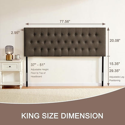 Tufted Upholstered Headboard King Size, Solid Wood Head Board with Durable Metal Legs, Adjustable Height Bed headboard from 37” to 51” Fabric Headboard in Modern Button Design, Chocolate