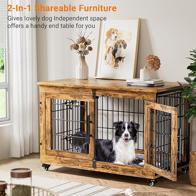 Lulive Dog Crate Furniture, Dog Kennel Indoor Double Doors Wooden Dog Cage, 38'' Heavy Duty Dog Crate with Cushion & Wheels, Decorative End Table Pet House Chew-Resistant for Large/Medium, Brown-Mewly Pet