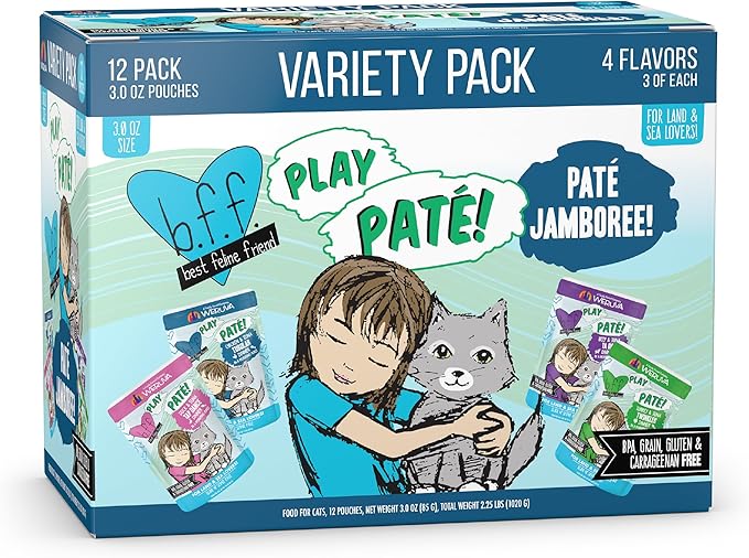 Weruva B.F.F. Play - Best Feline Friend Paté Lovers, Aw Yeah!, Paté Jamboree! Variety Pack, 3oz Pouch (Pack of 12)-Mewly Pet
