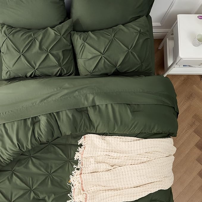 Bedsure Twin XL Comforter Set - Extra Long 5 Pieces Dorm Bedding Sets, GentleSoft™ Pinch Pleat Olive Green Bed in a Bag with Pintuck Comforter, Sheets, Pillowcase & Sham