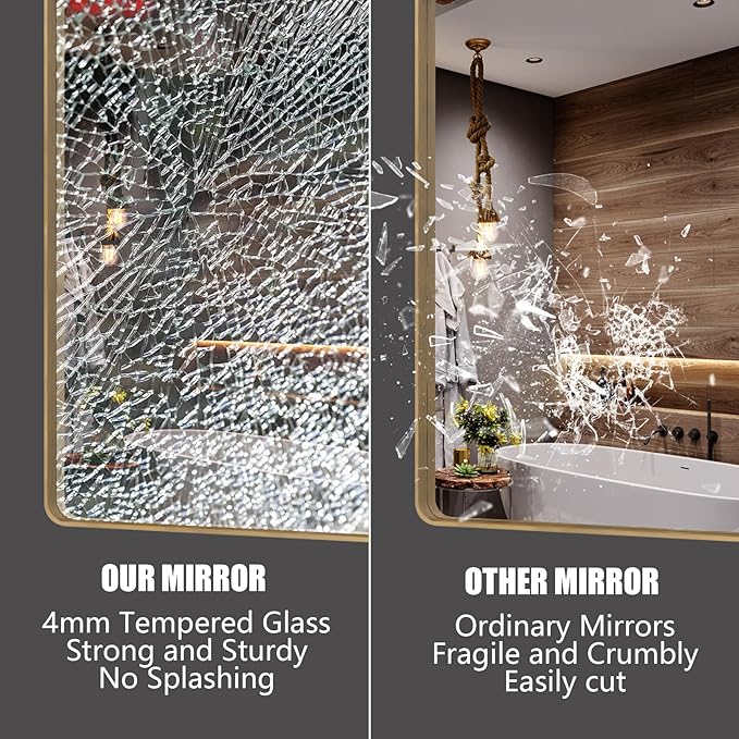 40x30 Gold Bathroom Mirror, Brushed Metal Frame Vanity Mirror, Modern Gold Rectangle Mirror, Rounded Corner, Shatterproof, Anti-Rust, Rose Gold(Horizontal/Vertical)