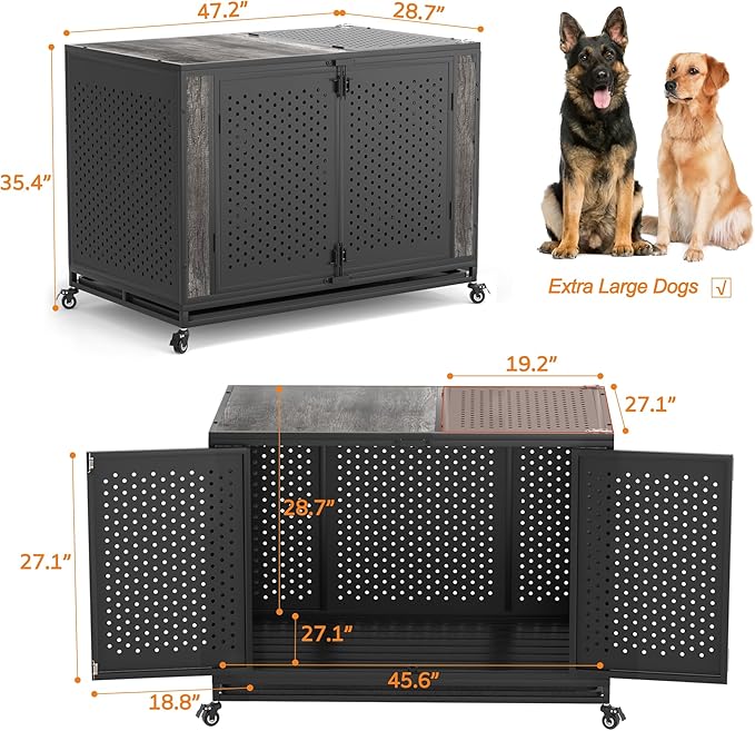 48" Heavy Duty Dog Crate Furniture for Extra Large Dogs, Enclosed Design with 0.5 inch Holes, Indestructible Metal Kennel for High Anxiety Dogs, Chew Proof Pet House Cage Indoor, Gray-Mewly Pet