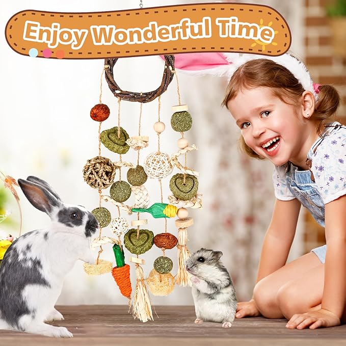 VESPRO Bunny Chew Toys, Rabbit Cage Hanging Chewing Toy and Treats Snack Ring, for Rabbits Chinchilla Guinea Pig Hamsters Grinding Teeth with Other Small Pets, Natural Materials Handwoven (5 Strings)-Mewly Pet