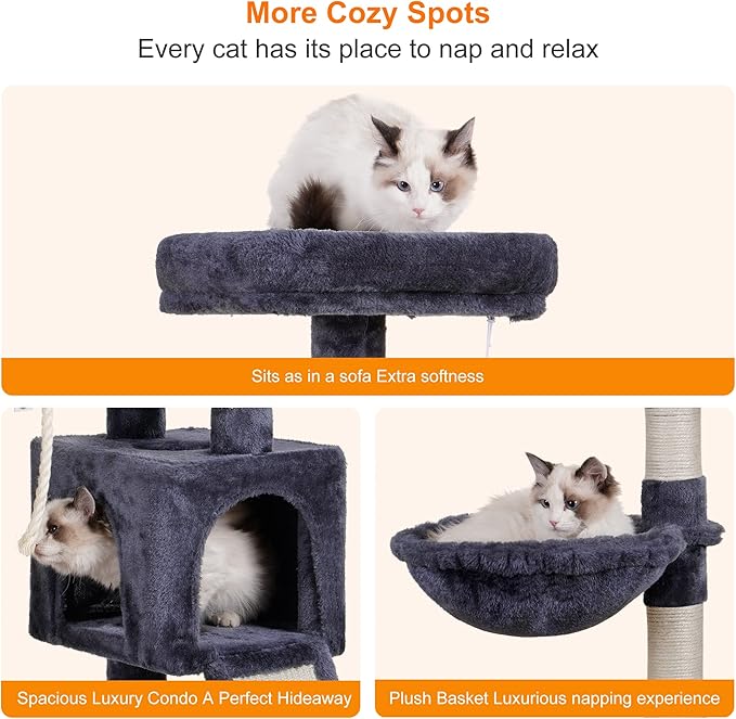 Heybly Cat Tree, Cat Tower for Indoor Cats with Scratching Board, Multi-Level Cat Furniture Condo with Feeding Bowl Smoky Gray HCT010SG-Mewly Pet