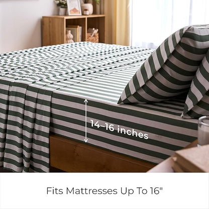 Mellanni King Sheets Set - 4 PC Iconic Collection Bedding - Hotel Luxury, Extra Soft, Cooling Bed Sheets - Wrinkle, Fade, Stain Resistant (King, Oxford Stripe Sage)
