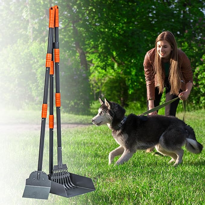 Niubya Pooper Scooper for Dogs, Metal Poop Scooper Tray Spade and Rake Set, Poop Scoop with Adjustable Long Handle, Dog Pooper Scooper for Pet Waste Removal-Mewly Pet