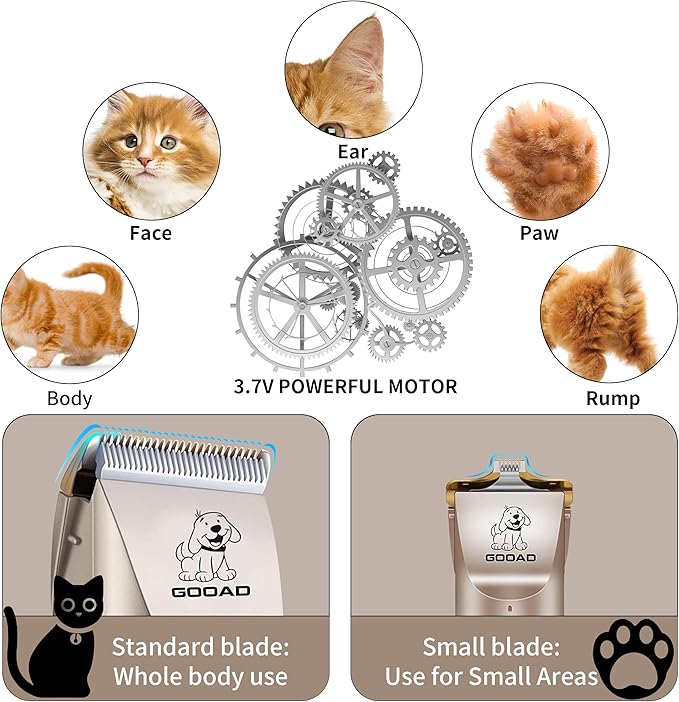 Cat Clippers for Matted Hair, Cat Grooming Kit, Cordless Cat Shaver for Long Hair, Low Noise Paw Trimmer, Cat Hair Trimmer for Grooming,Quiet Pet Hair Clippers Tools for Cats Dogs (Gold)-Mewly Pet