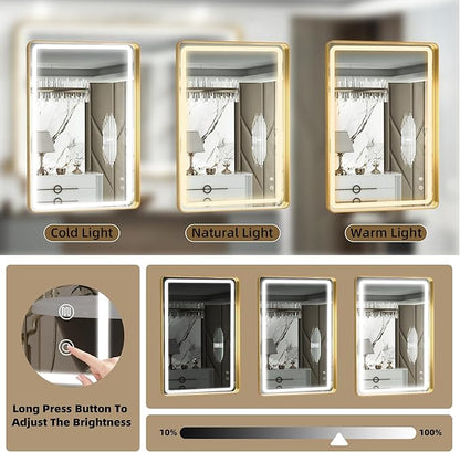 Hasipu LED Bathroom Mirror with Lights 40 x 26 Inch, Gold Metal Frame Light Mirror for Vanity Shaving, Wall Mounted Rounded Rectangle Mirror Anti-Fog, Dimmable, 3 Colors (Horizontal/Vertical)