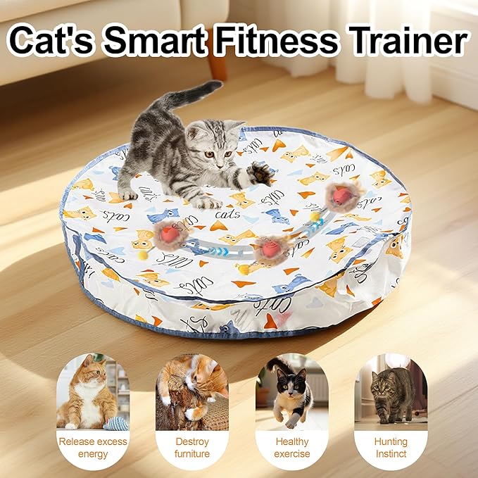 Interactive Cat Toys Ball - 2pcs Automatic Fast Rolling Ball in Play Mat, Hide and Seek Mouse Catching Game, Low-Noise Cat Enrichment Toys in Pouch for Indoor Bored Cats(Paw Print Pattern - Round)-Mewly Pet