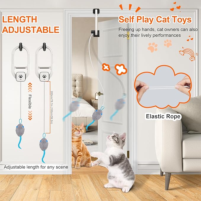 Cat Toy, Upgraded Smart Interactive Cat Toys with Remote Control, USB Rechargeable Door Hanging Retractable Kitten Toy for Self Play, Teaser Electronic Feather Cat String with 3 Plush Mice-Mewly Pet