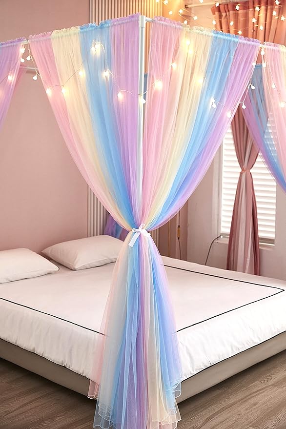 Akiky Canopy Bed Curtains with Lights 4 Corner Post Bed Canopy for Adults Girls, Rainbow Bed Drapes Netting-8 Panel Curtains,Full/Queen