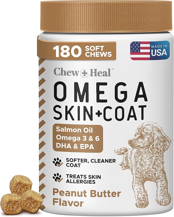 Omega for Dogs - 180 Delicious Soft Chews - Salmon Oil Treats for Skin and Coat, Itch Relief - Fish Oil Blend of Essential Fatty Acids, Omega 3, 6, and 9, and Vitamins - Peanut Butter Flavor-Mewly Pet