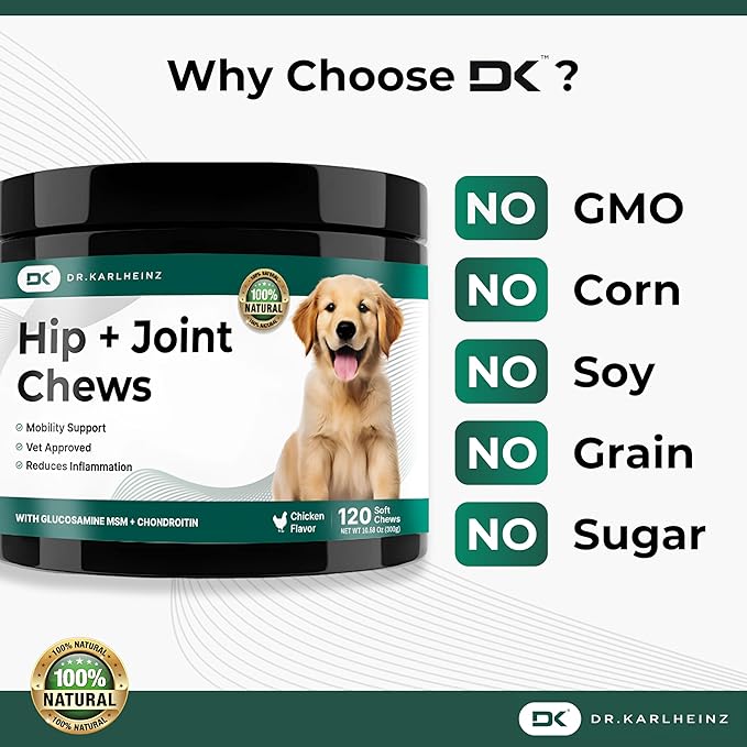 Glucosamine for Dogs - Max Strength Hip and Joint Supplement for Dogs - MSM, Chondroitin, Hemp Oil, Turmeric - Mobility Support and Pain Relief - 120 Chewable Tablets (Chicken Flavor)-Mewly Pet