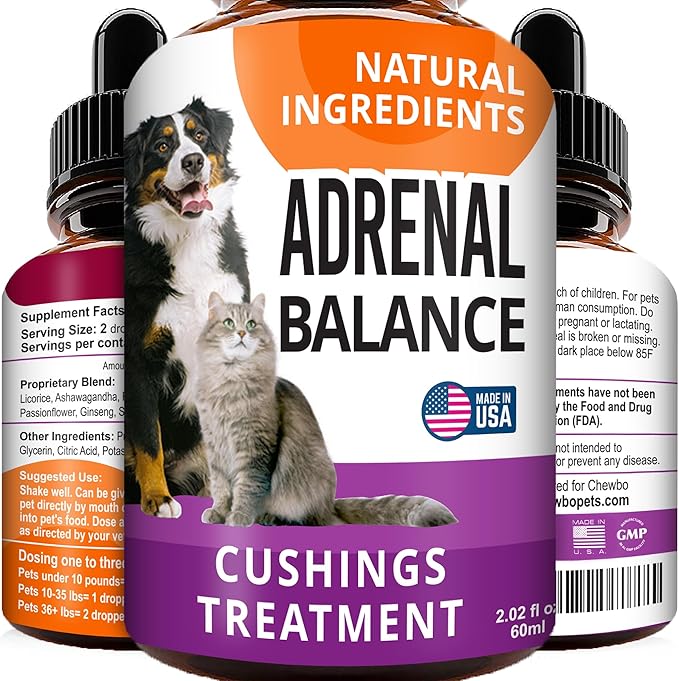 Adrenal Balance for Dogs and Cats - Cushings Treatment for Pets, Adrenal Support w/ Ashwagandha, Licorice Root, Rhodiola Rosea - 2oz Herbal Drops-Mewly Pet