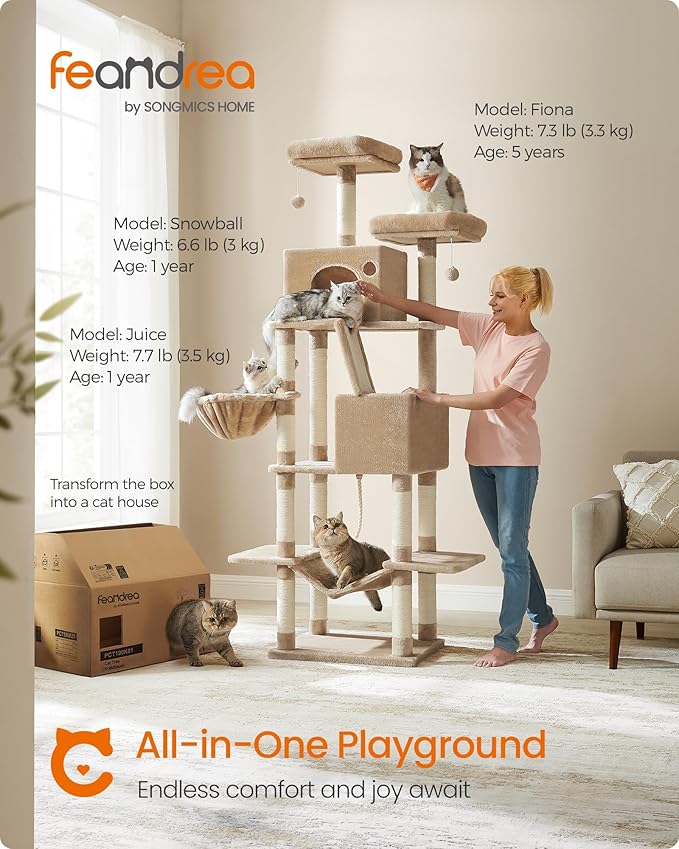 Feandrea Cat Tree, 81.1-Inch Large Cat Tower with 13 Scratching Posts, 2 Perches, 2 Caves, Basket, Hammock, Pompoms, Multi-Level Plush Cat Condo for Indoor Cats, Camel Brown UPCT190K01-Mewly Pet