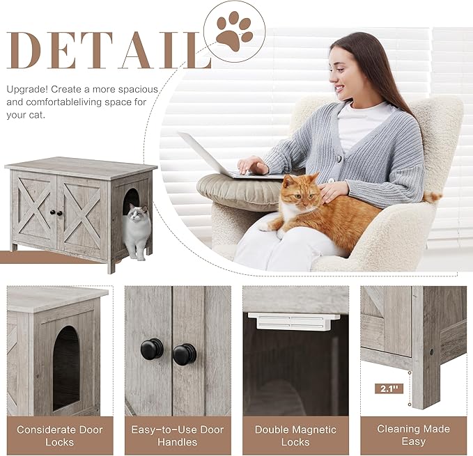 JY QAQA Cat Litter Box Enclosure,Litter Box Furniture Hidden with Barn Door,Wooden Washroom Furniture,Cat House,Fit Most of Litter Box-Mewly Pet