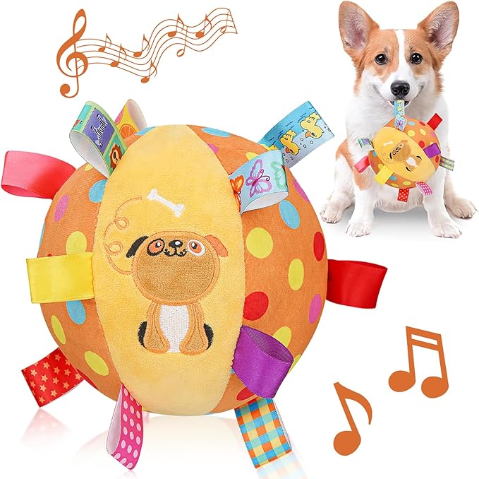Dog Squeaky Plush Toy with Straps, 6-Inch Soft Stuffed Ball with Cotton Material and Bell Built-in, Pet Interactive Fetch Toy for Small to Large Dog-Mewly Pet