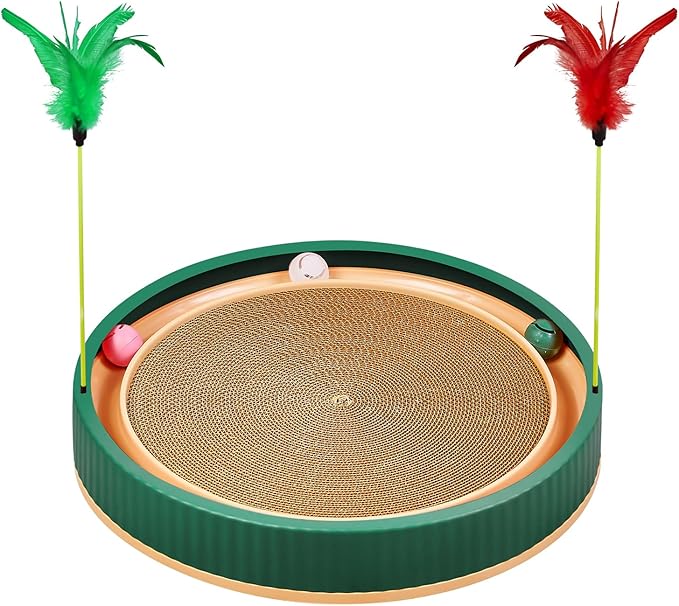 20-Inch Round Cat Scratcher with Ball Track – 3-in-1 Cardboard Scratching Pad with Feather Toy & Non-Slip Base – Interactive Cat Toy for Indoor Cats, Kittens & Large Cats (Green)-Mewly Pet