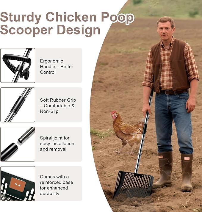 Chicken Poop Scooper - Metal Sifting Shovel & Rake 2-in-1 with Adjustable Stainless Steel Handle (37"-65"), Sand Shovel for Chicken Coops, Farm Animal Waste-Mewly Pet