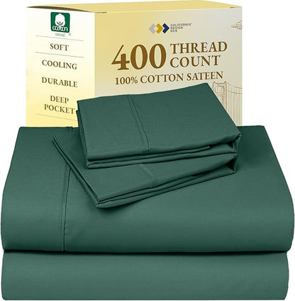 California Design Den Natural 100% Cotton Sheets, Soft Queen Sheet Set, 400 Thread Count Sateen, Deep Pockets with All-Around Elastic for a Snug Fit, Cool & Durable Bedding Set - Hunter Green