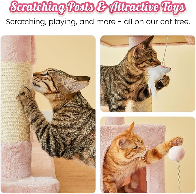 MWPO 70.1-Inch Pink Large Cat Tree, Multi-Level Tall Cat Tower for Indoor Cats, Plush Cat Condo with Big Padded Perches, Sisal-Covered Scratching Posts, Hammock, Toys for Kittens & Cats-Mewly Pet