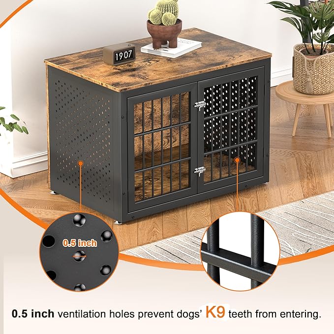 38" Heavy Duty Dog Crate Furniture for Large and Medium Dogs,Wooden Metal Kennel for High Anxiety Dogs, Chew Proof Pet Cage Indoor, Decorative Dog Kennel End Table-Mewly Pet