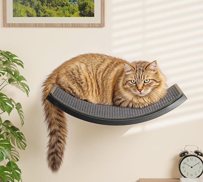 Wall Mounted Curved Cat Hammock with Grey Sisal Pad – Scratch-Friendly Cat Nest Perch for Wall – Large Floating Bed for Indoor Cats-Mewly Pet