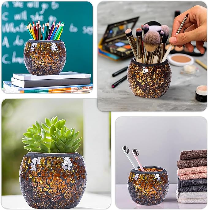 Scented Candle Holder Mosaic Glass Tea Light Holder,Handmade Romantic Glass Tealight Candle Holder for Aromatherapy,Party Décor(NO Candles),Also Used as Vase,Pen Holder,Potted Plants Bowl (Amber)