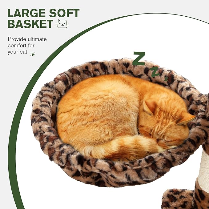 MUTICOR 66 Inches Multi-Level Large Cat Tree Tower for Indoor Big Feline/Cozy Plush Perches/Condo/Sisal Scratching Posts/Hammock and Baskets/Activity Center Play House/Wide Base/Leopard Print-Mewly Pet