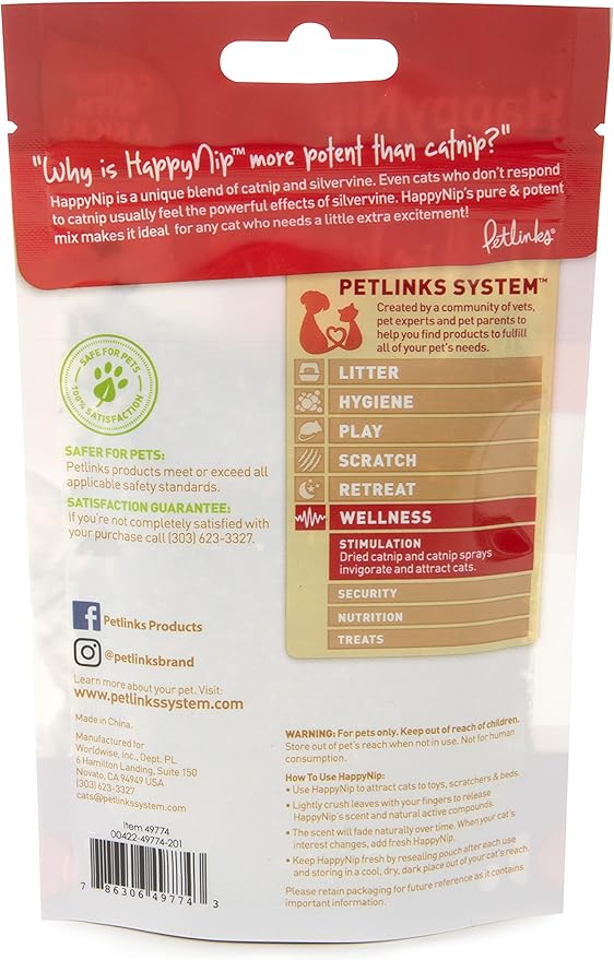 Petlinks HappyNip Catnip & Silvervine Blend for Cats & Kittens, Highly Potent Stimulant/Attractant, Great for Finicky Felines, Resealable Pouch - 0.5 oz-Mewly Pet