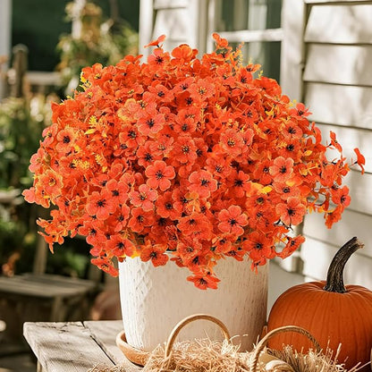 SHareconn 24 Bundles Artificial Fall Flowers for Outdoors Decoration,UV Resistant Silk Eucalyptus Lavender Faux Autumn Fake Plants for Outside Indoor Garden Yard Porch Home Decor,SunsetRedAutumnColour