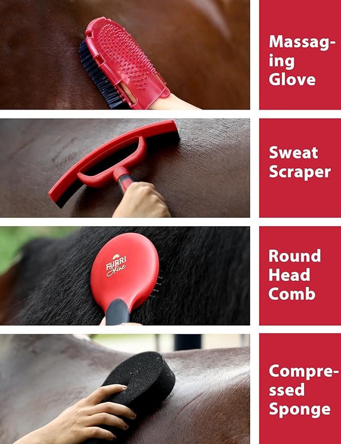 11PCS Horse Grooming Kit Curry Comb Sweat Scraper Horse Bathing Supplies Grooming Tools with Storage Bag Shadowberry-Mewly Pet