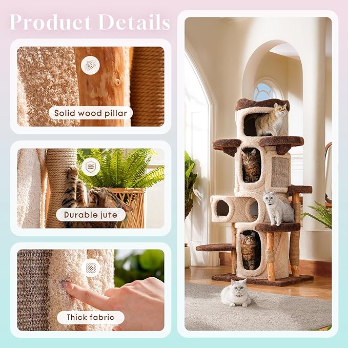 70" Heavy Duty Cat Tree for Large Cats with Toys, All-in-One Cat Tower with Cat Perch, Tall Cat Tower with Scratching Post, Brown Modern Cat House-Mewly Pet