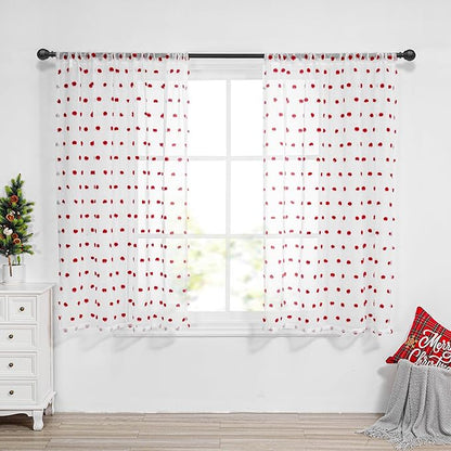 MYSKY HOME Pom Pom Curtains for Girls Bedroom 63 Inch Long Red Nursery Curains for Kids Room Sheer Curtains for Christmas Living Room Playroom Rod Pocket Window Drapes 52" x 63" Set of 2