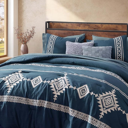 MaiRêve Embroidery Queen Size Comforter Set Navy Blue, Boho Farmhouse Western Bedding Set 7 Pieces, All Season Bed in A Bag Comforter Set with Sheets, Pillowcases & Shams