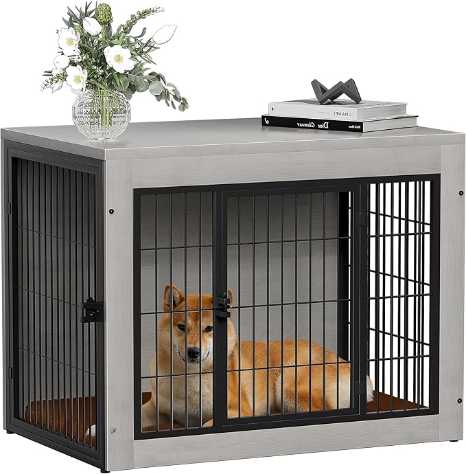 Bigrab Dog Crate Furinture with Thick Cushion, Side End Table Wooden Dog Cage with Double Doors, Chew-Resistant Dog Kennel Dog House Indoor for Small to Large Dog, M (Grey)-Mewly Pet
