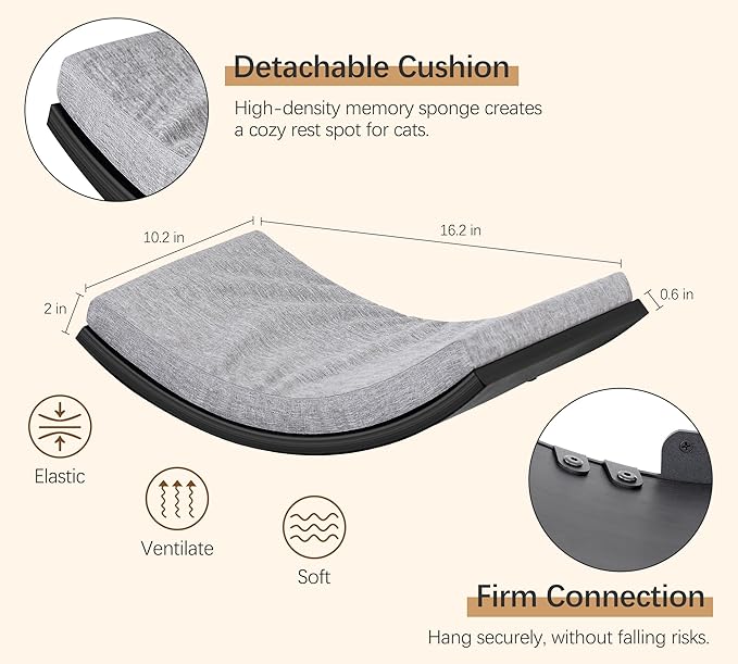 Curved Cat Wall Hammock Bed with Grey Foam Cushion – Floating Cat Wall Shelf Nest for Climbing, Sleeping & Lounging-Mewly Pet