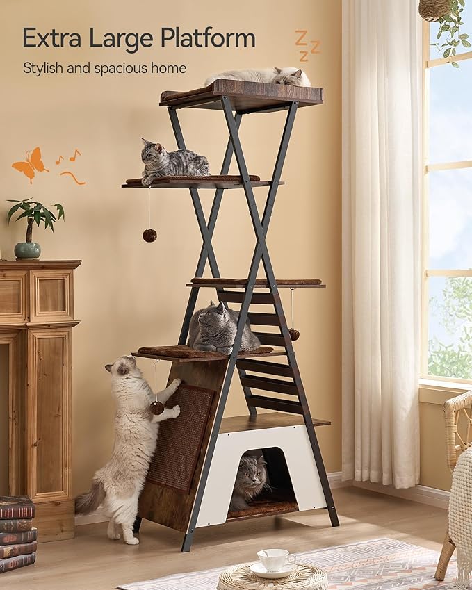FourFurPets 72.4" Modern Cat Tower for Indoor Cats - Multi-Level Condo With Caves, Tall Tree With Scratching Board, Wooden Tower With Large Perch, Removable Pads, Rustic Brown-Mewly Pet