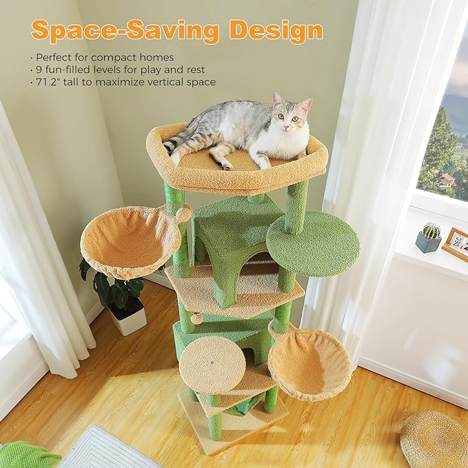 71.2" Large Cat Tree for Multi-Cat Households - 9-Level Cat Tower w/5 Sisal Scratching Posts, 2 Condos, Soft Hammock, Top Perch & Pom Poms - Heavy-Duty Space-Saving Design, Cactus Green-Mewly Pet