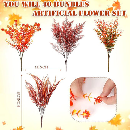 Crowye 40 Bundles Artificial Fall Flowers for Outdoor Decoration UV Resistant Faux Mums Plastic Plants for Garden Cemetery Porch Window Fireplace Patio Home Indoor Autumn Thanksgiving Fall Decor