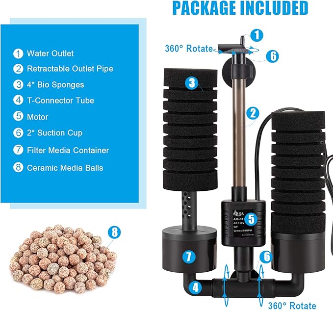 AQQA Aquarium Sponge Water Filter, Power Driven Double Biochemical Filter, Quiet Submersible Foam Filter with 2 Extra Sponges, 1 Bag of Filtered Ceramic Balls for Fresh and Salt Water Fish Tank (L)-Mewly Pet