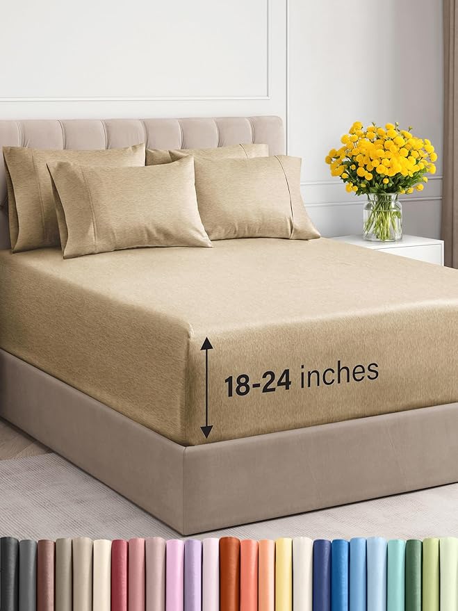 Extra Deep Queen Sheet Set - 6 Piece Breathable and Cooling Sheets - Hotel Luxury Bed Sheets Set - Easy Fit - Soft, Wrinkle Free and Comfy Sheets Set - Heathered Tan Sheet Set with Extra Deep Pockets