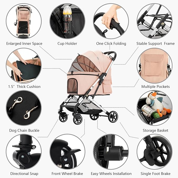 Medium Dog Stroller, Kenyone Pet Stroller for Medium Dogs Up to 55lbs, Lightweight Aluminum Frame, One Click Folding, Large Cat Stroller with No Zip Entry, Detachable Mesh, Multiple Pockets-Mewly Pet