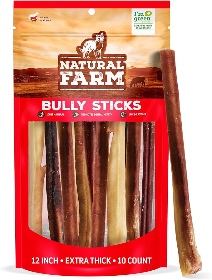 Natural Farm Odor-Free Thick Bully Sticks (12”, 10-Pack) All-Natural Long-Lasting Dog Chews, 100% Beef Pizzle, Grass-Fed, Grain-Free, Protein for Muscle Development & Energy, Perfect for Large Dogs-Mewly Pet