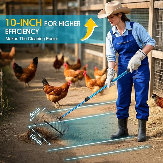 Large Chicken Poop Scooper & Rake: 22"-41" Extendable Long Handle Metal Chicken Coop Scooper with Detachable Heavy Duty Litter Sifting Shovel for Pet Waste | Chicken Coop Accessories-Mewly Pet