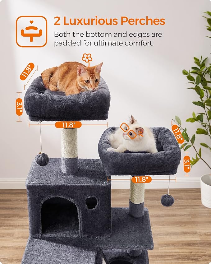 Feandrea Cat Tree, 66.1-Inch Large Cat Tower with 13 Scratching Posts, 2 Perches, 2 Caves, Basket, Hammock, Pompoms, Multi-Level Plush Cat Condo for Indoor Cats, Smoky Gray UPCT165G01-Mewly Pet