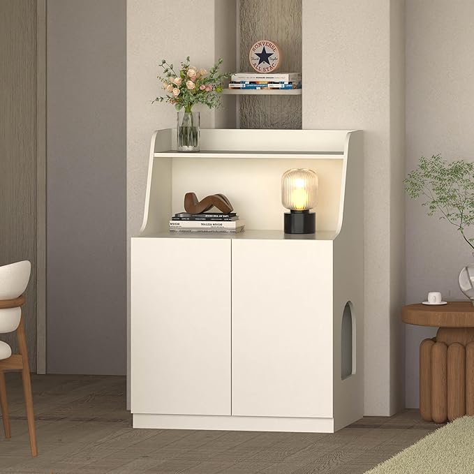 Large/Tall Litter Box Enclosure, Modern Wooden Litter Box Furniture for XL Litterbox with Open Shelf as Sideboard Cabinet (White)-Mewly Pet